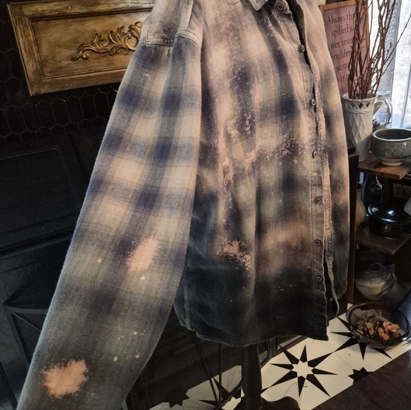 Witchy Women Upcycled Bleached Distressed Flannel Shirt With Heat Bonded Patch - Picture 3 of 6